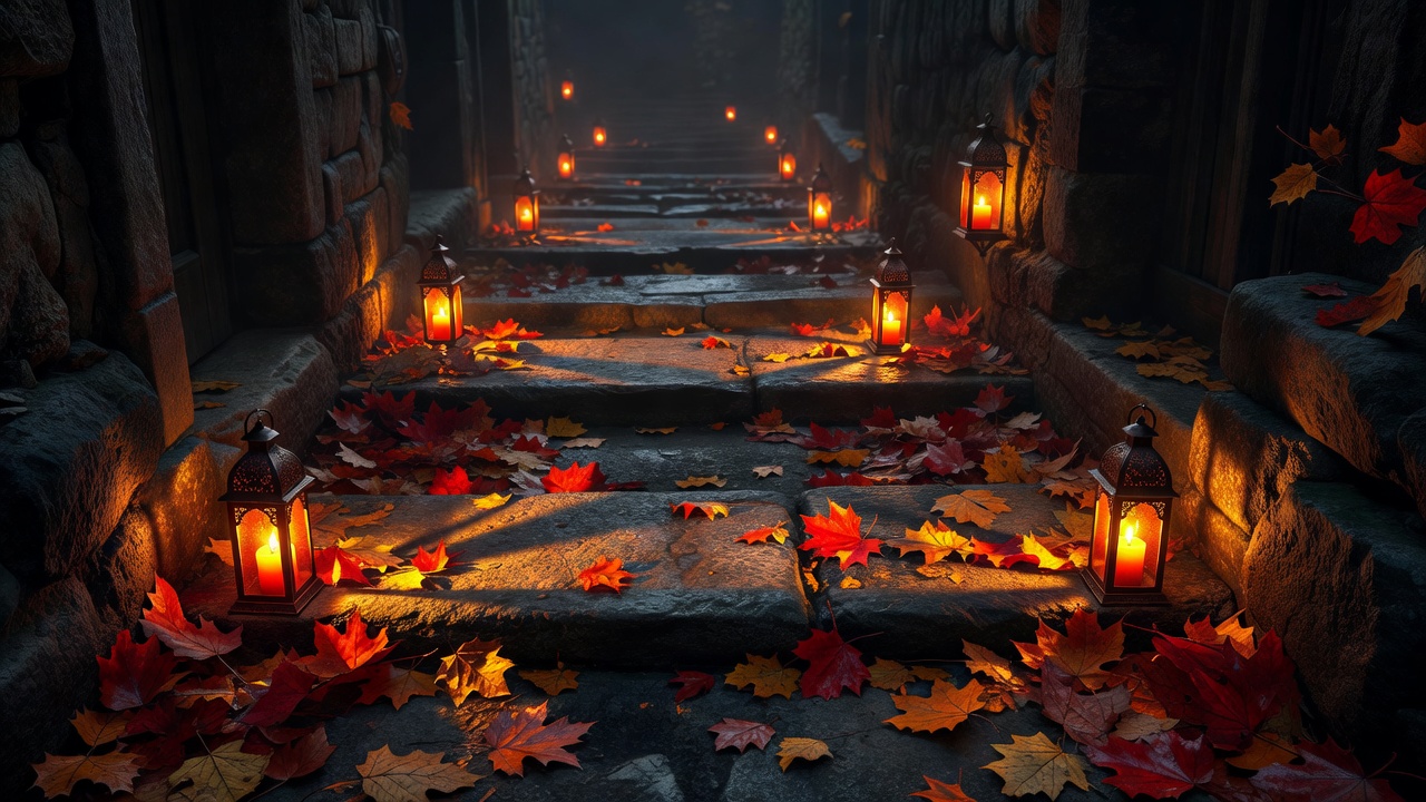 Cartoon sticker of beautiful orange candle lanterns lighting up a dark stone staircase in autumn