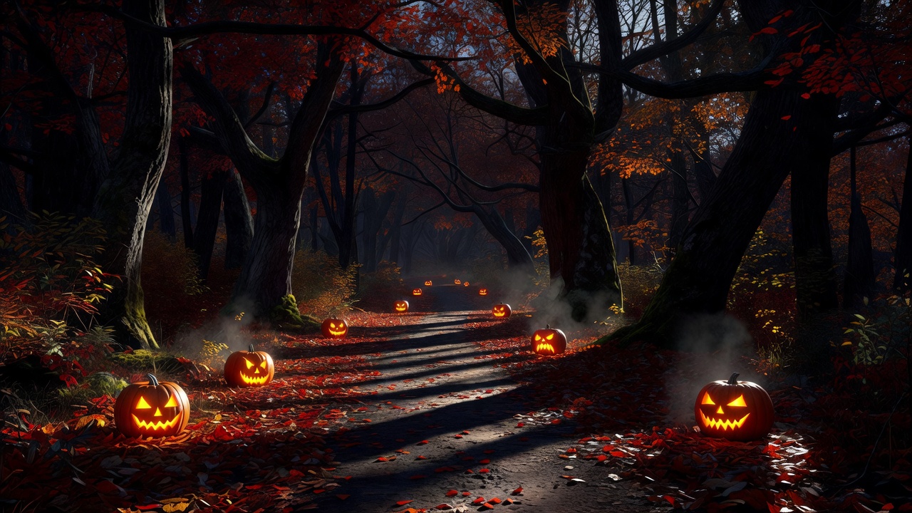 Cartoon sticker illustrating cinematic dark autumn forest with glowing carved pumpkins guiding players