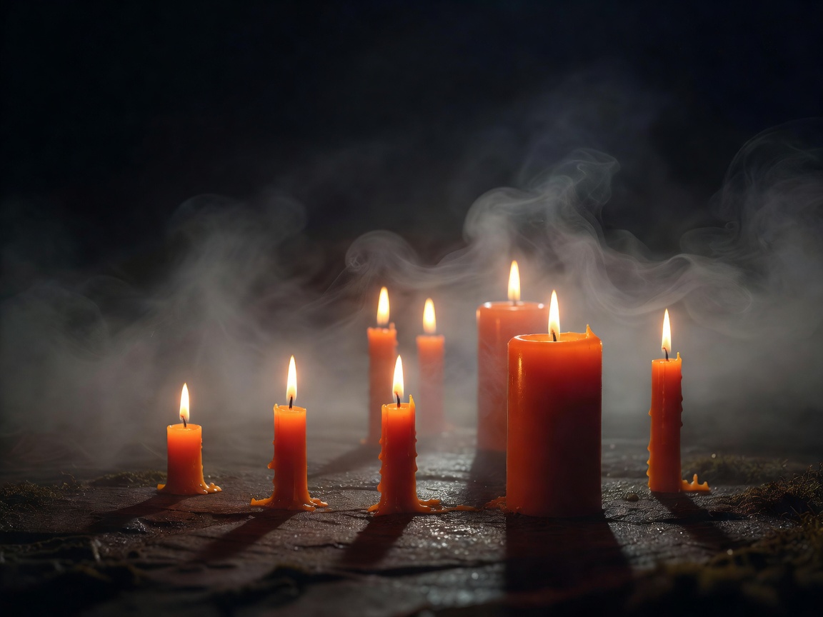 Cartoon sticker of lit orange candles in a misty night setting decoration inside a dark house
