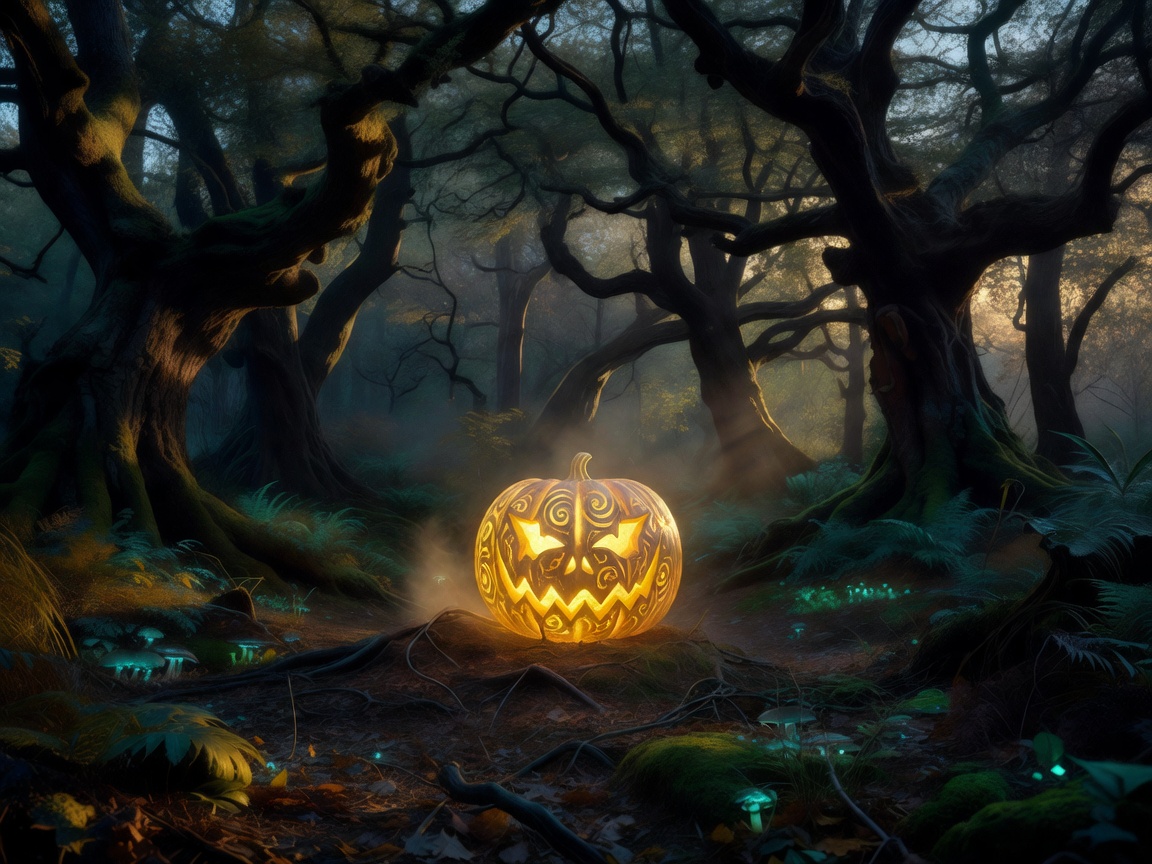 Mysterious forest glowing light and pumpkin design art
