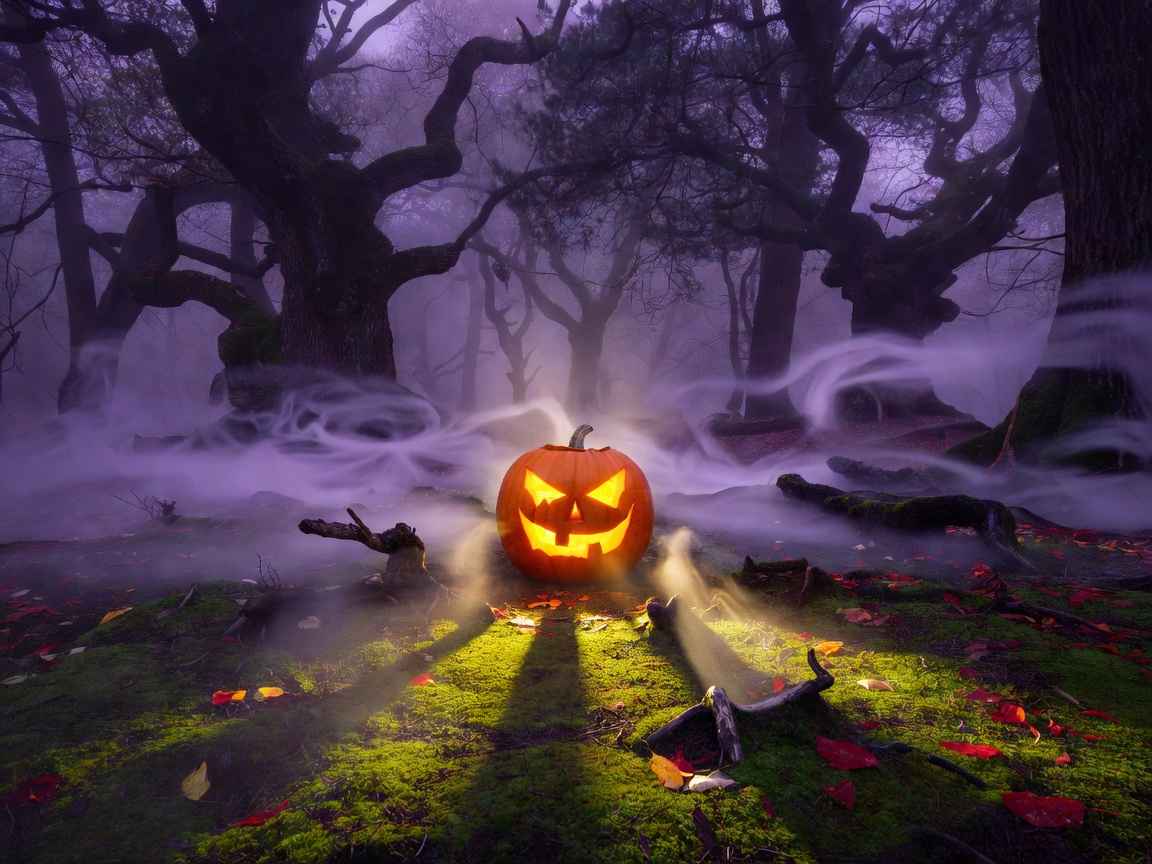 Mysterious glowing jack-o-lantern inside a misty forest setting in autumn