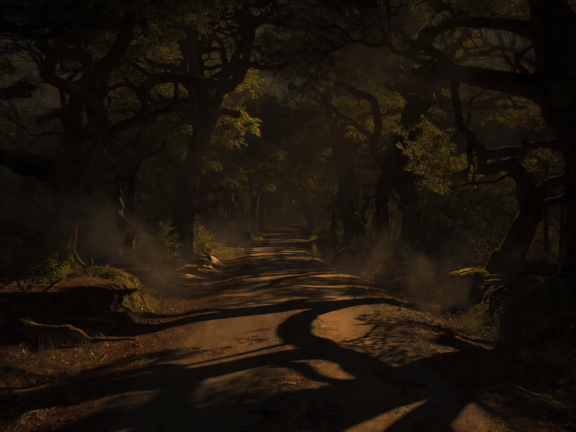 Spooky forest road with deep amber shadows and silhouettes of trees